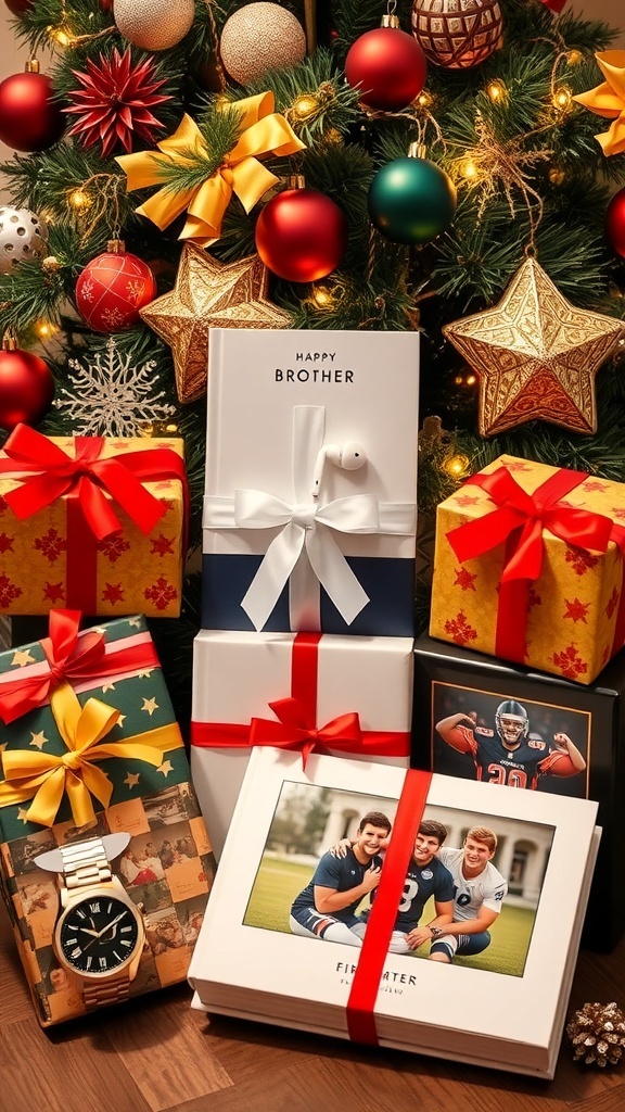 A collection of Christmas gifts for a brother, including a watch, earbuds, and a photo book, under a Christmas tree.
